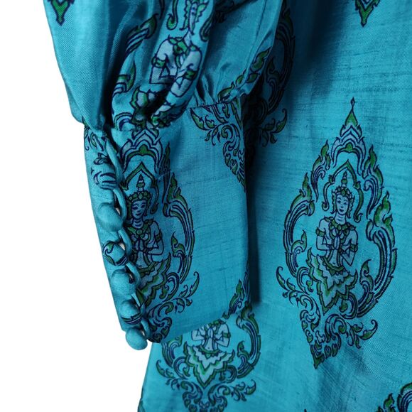 Vintage 60s Novelty Budda Print Cocktail Dress Size 2 Blue Silk Empire Waist - Picture 10 of 15